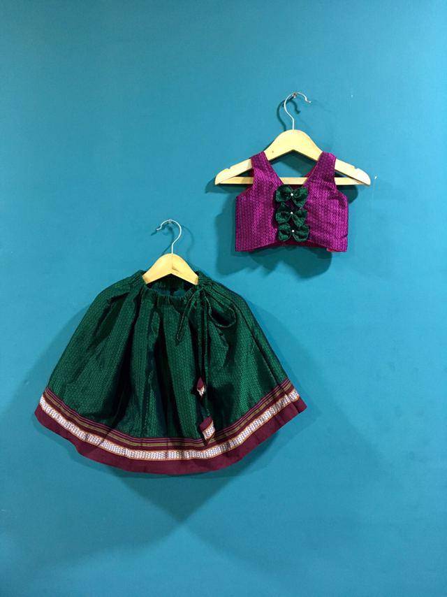 Girls Pink and Green khunn parkar polka with bow at back and Brown Border - WEAR COURAGE