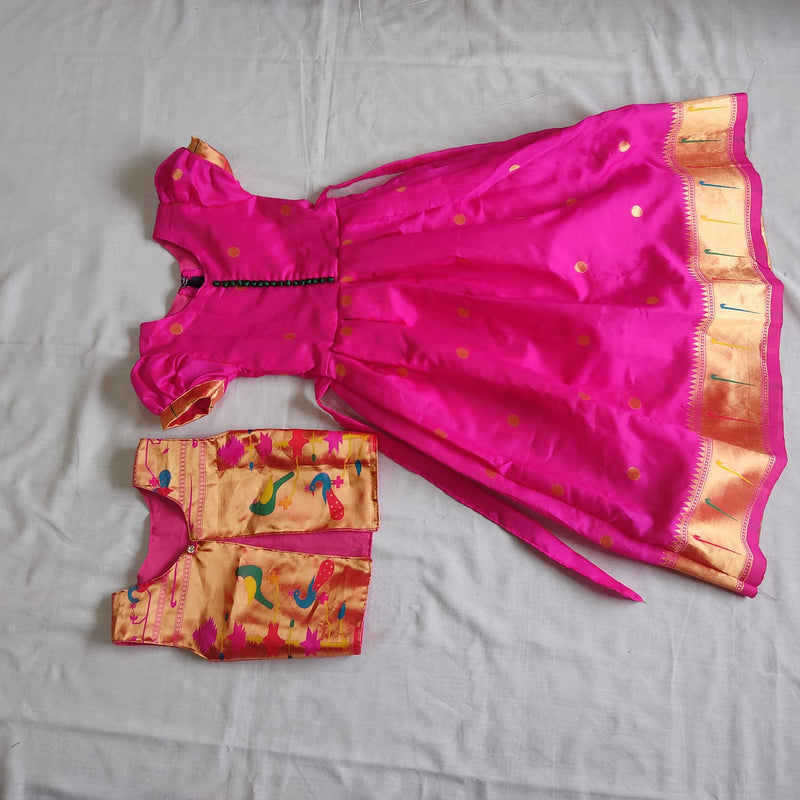Girls pink paithani frock (balloon sleeve) with Golden jacket - WEAR COURAGE