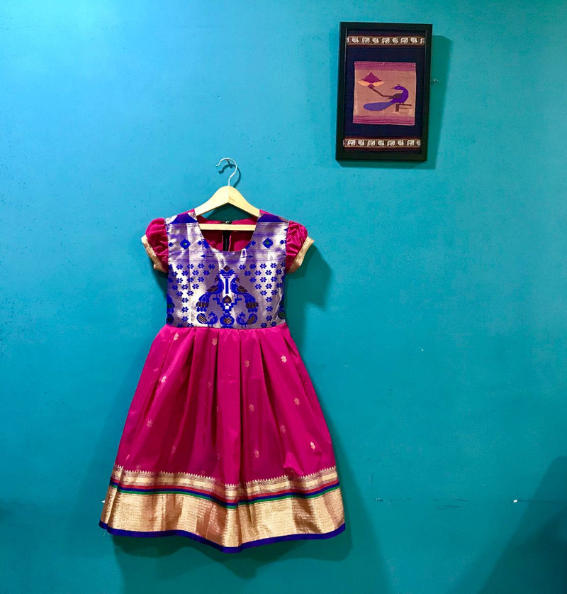 Girl's pink Paithani frock with Golden border - WEAR COURAGE