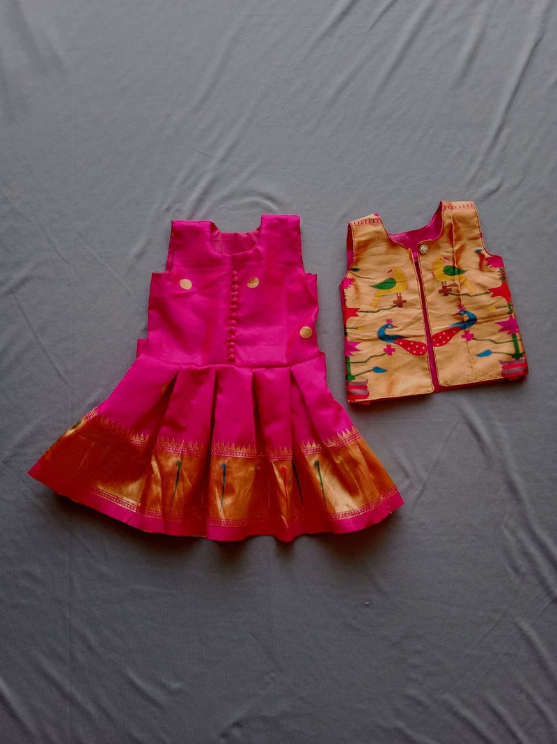 Girls pink paithani frock with Golden jacket - WEAR COURAGE