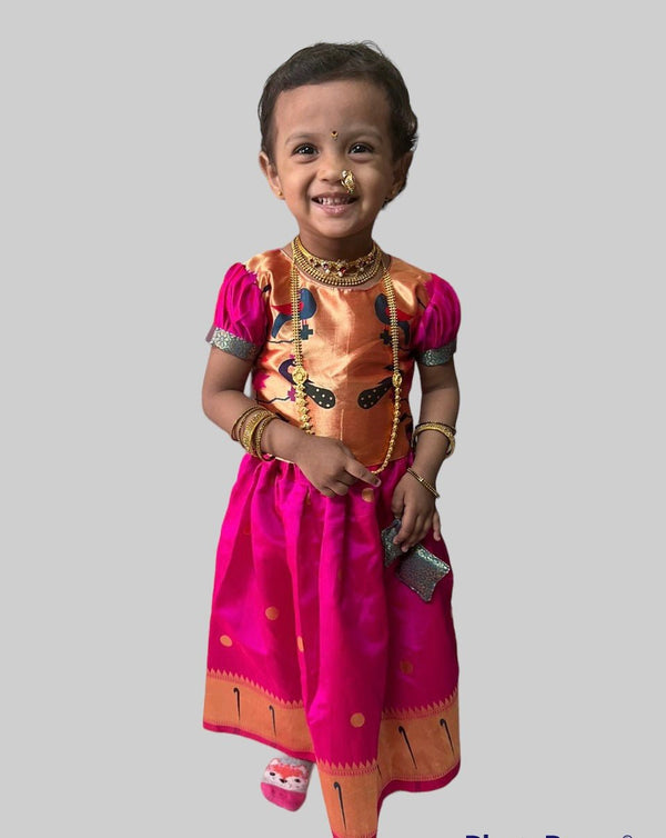 Girls pink paithani parkar polka with puff sleeves - WEAR COURAGE