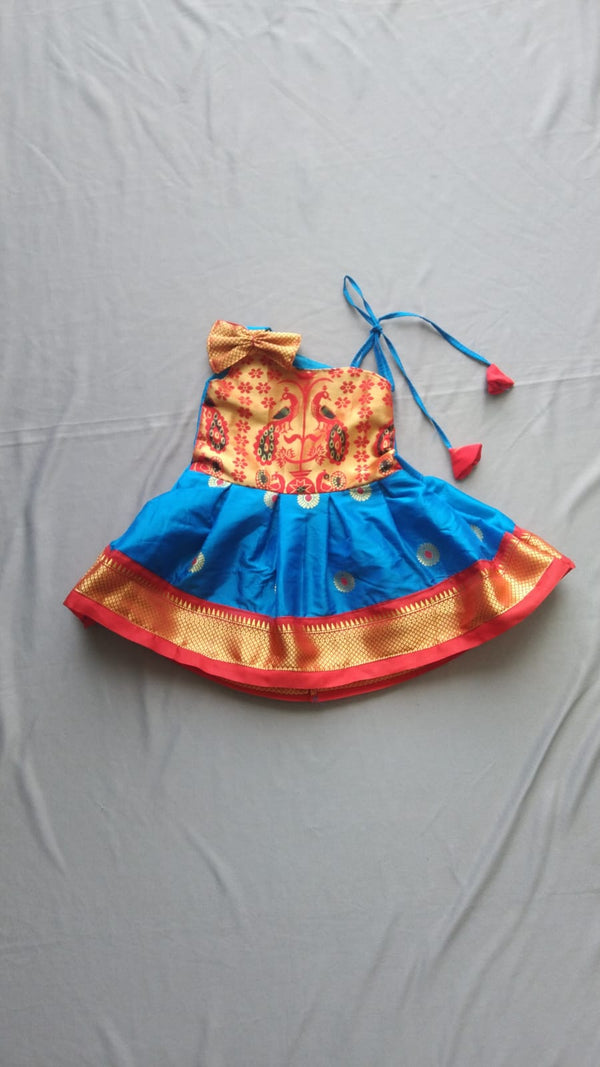 Girl's premium blue Paithani one-off shoulder frock with Red and Golden border - WEAR COURAGE