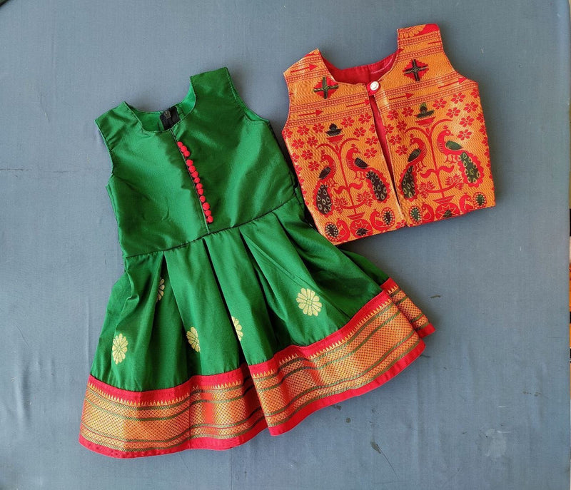 Girls premium green paithani frock with jacket - WEAR COURAGE