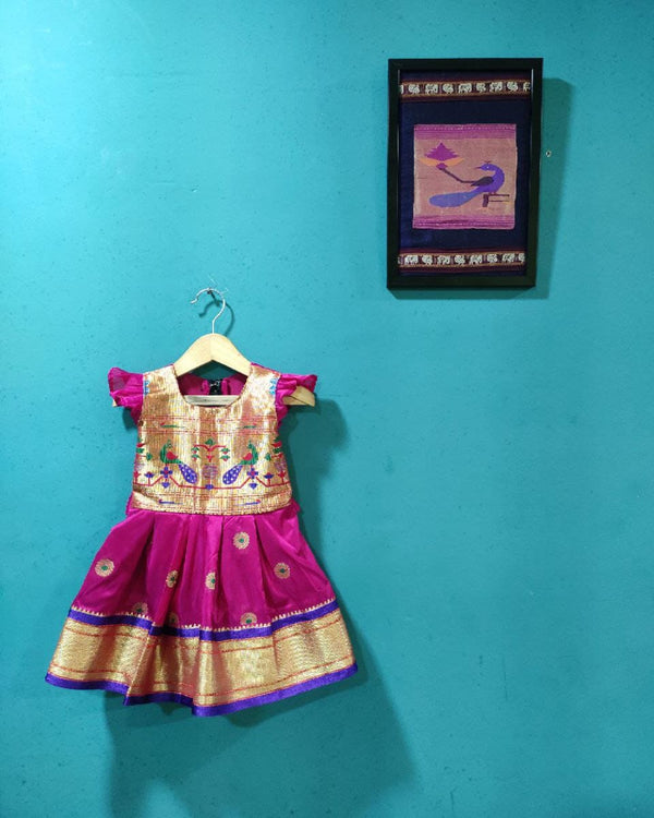 Girl's premium pink Paithani frock with purple and Golden border - WEAR COURAGE