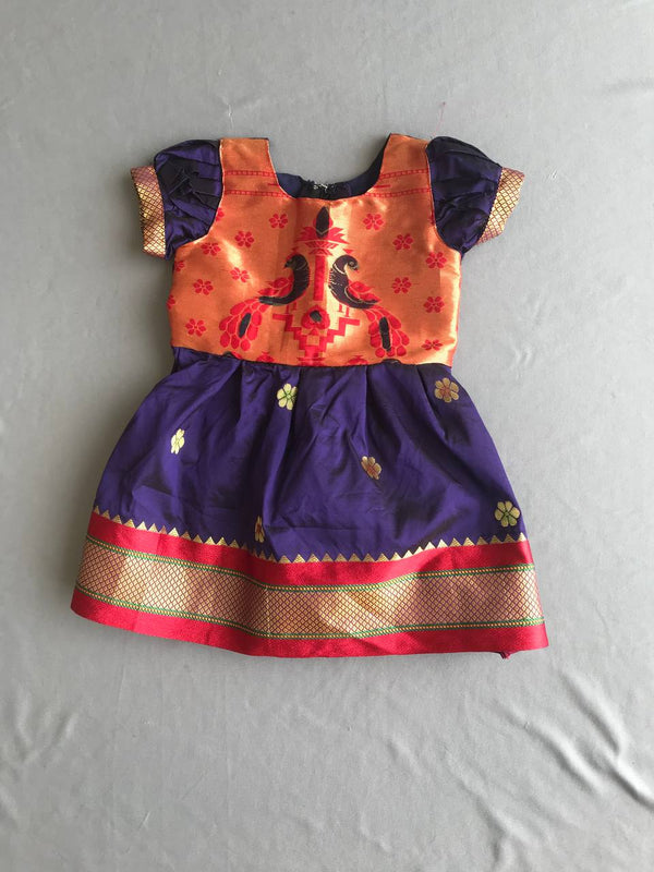 Girl's premium purple blue Paithani frock with red and Golden border - WEAR COURAGE