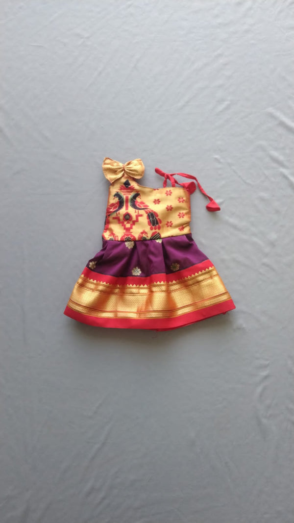 Girl's premium Purple Paithani one-off shoulder frock with Red and Golden border - WEAR COURAGE