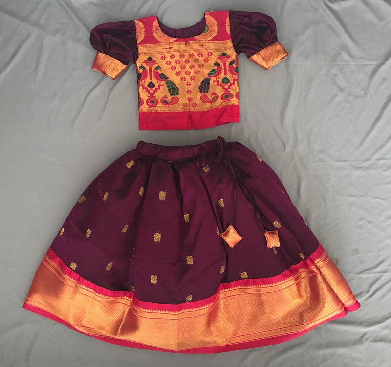 Girls premium purple(wine) paithani parkar with cane cane with Golden Blouse with double puff sleeves - WEAR COURAGE