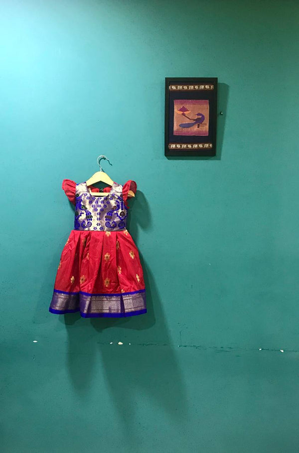 Girl's premium red Paithani frock with Blue and Golden border - WEAR COURAGE