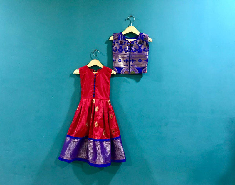 Girls Premium Red Paithani frock with Blue Jacket - WEAR COURAGE