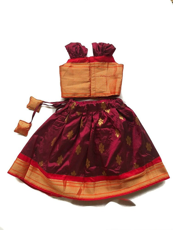 Girls premium wine paithani Skirt with Golden Blouse - WEAR COURAGE