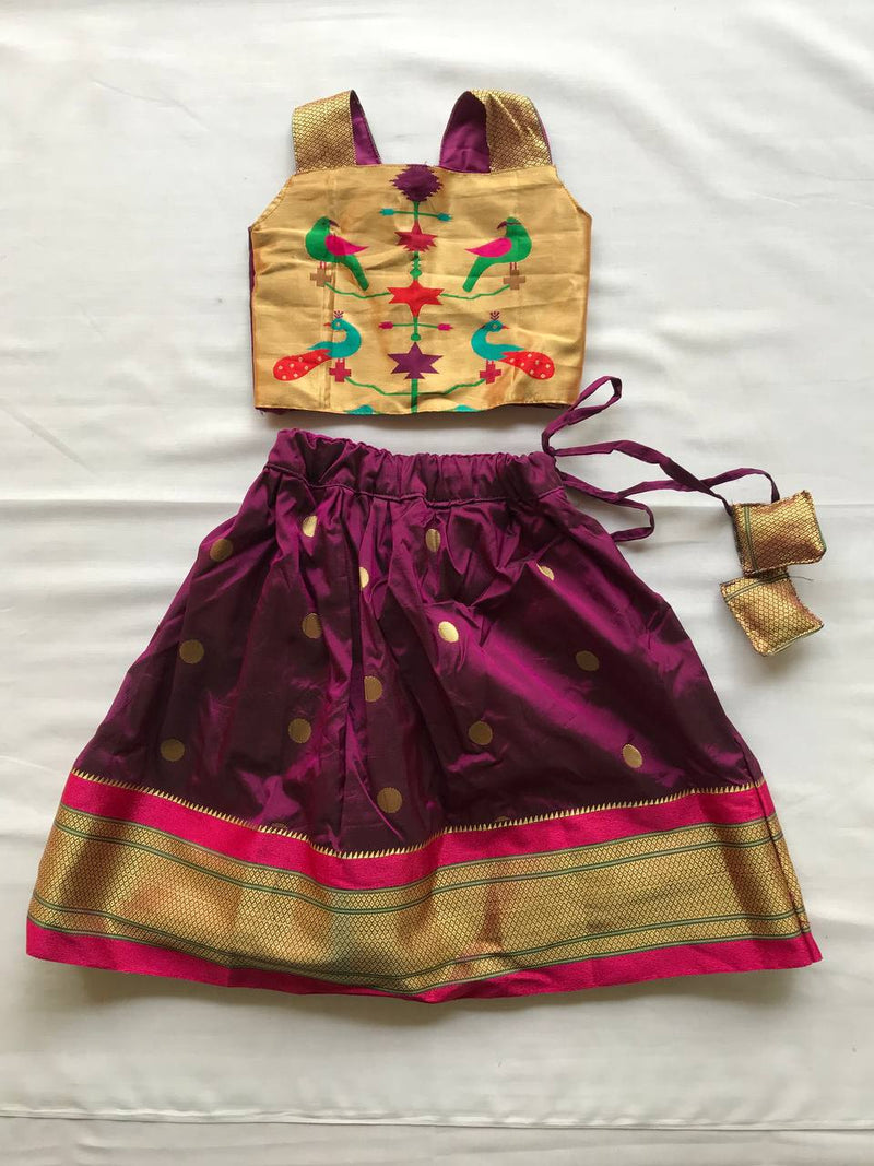 Girls premium wine paithani Skirt with Golden Blouse - WEAR COURAGE