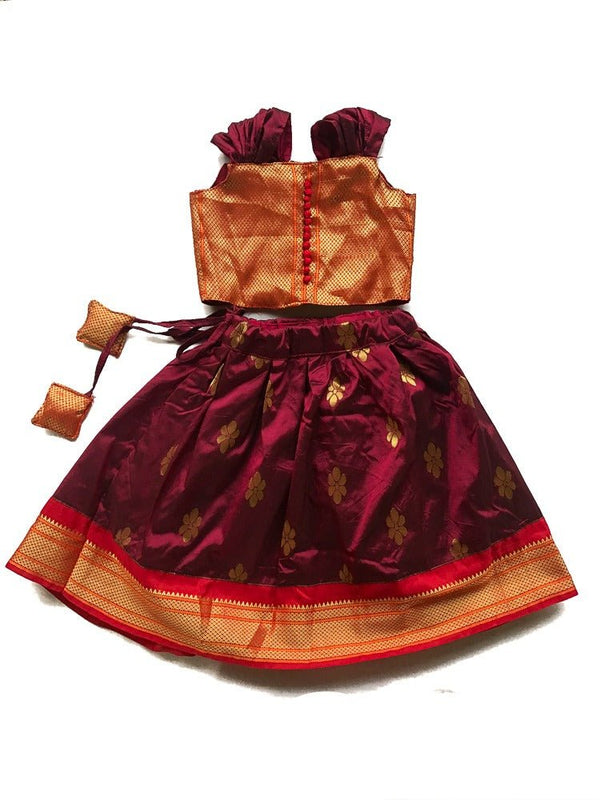 Girls premium wine paithani Skirt with Golden Blouse - WEAR COURAGE