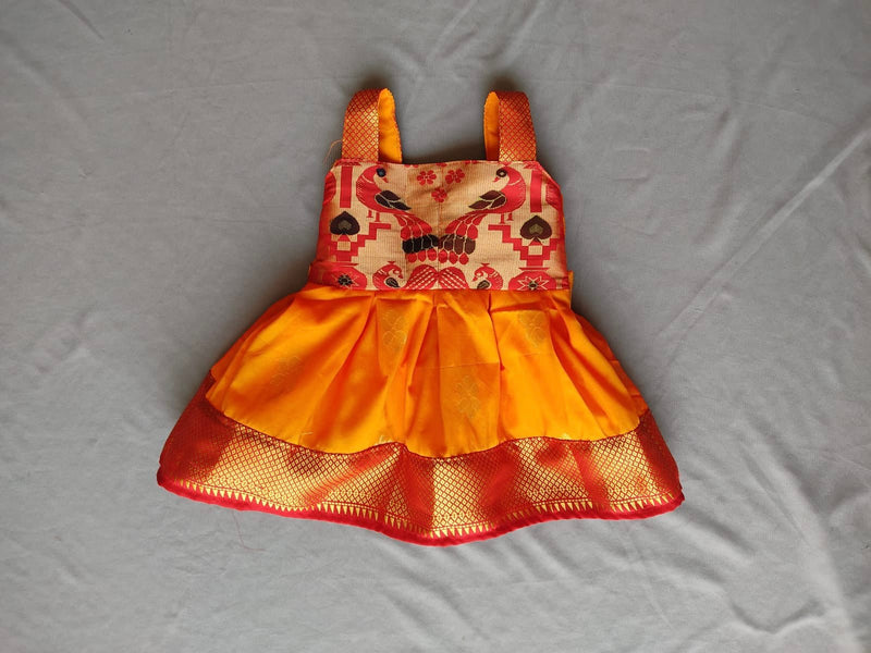Girl's premium yellow Paithani frock (shoulder straps) with red border - WEAR COURAGE