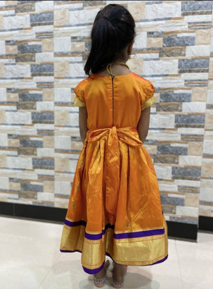 Girl's premium yellow Paithani frock with blue and Golden border - WEAR COURAGE