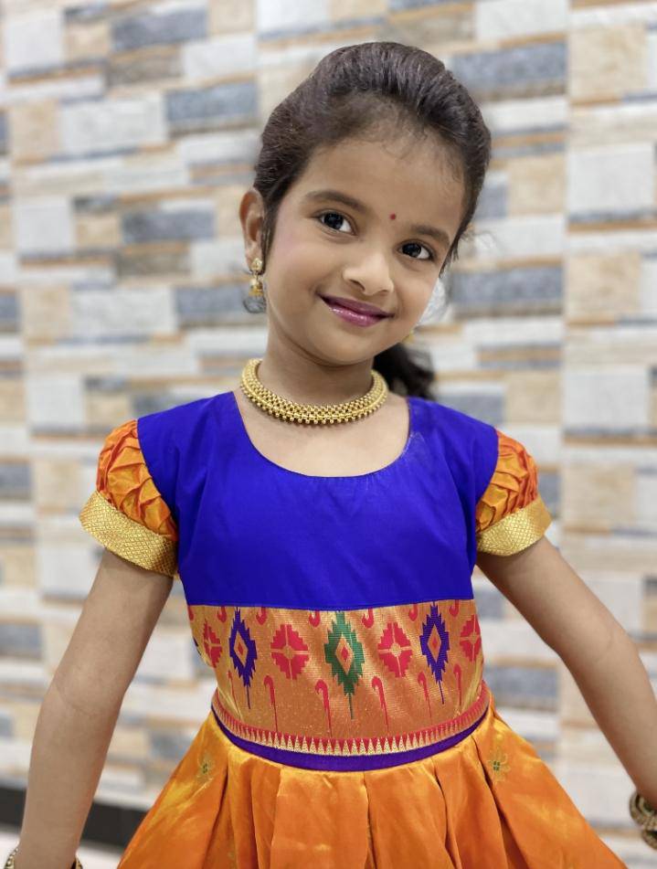 Girl's premium yellow Paithani frock with blue and Golden border - WEAR COURAGE
