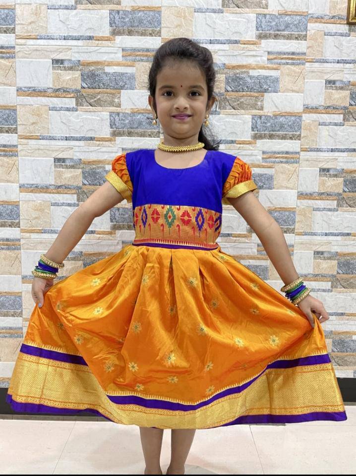Girl's premium yellow Paithani frock with blue and Golden border - WEAR COURAGE