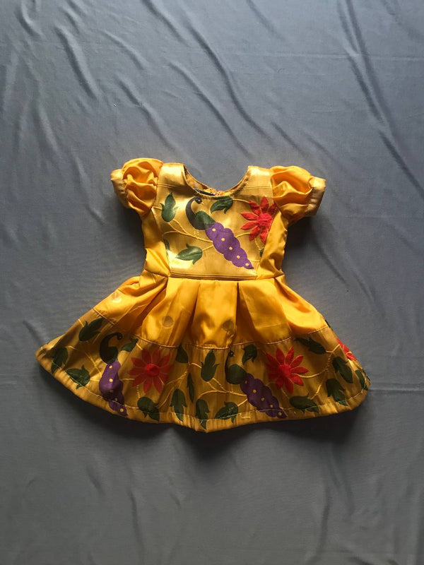 Girls premium yellow paithani frock with peacock Border and puff sleeves - WEAR COURAGE