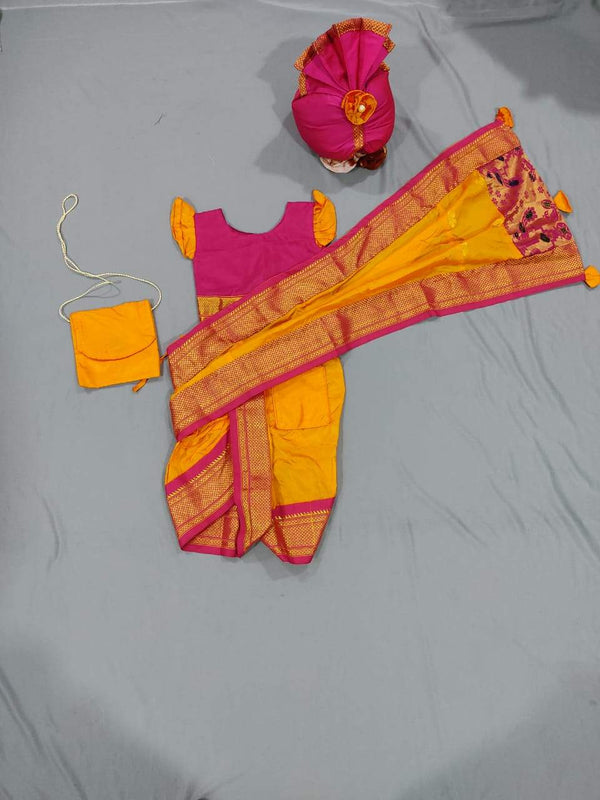 Girl's premium Yellow Paithani with pink border Nauvari Saree with pheta - WEAR COURAGE