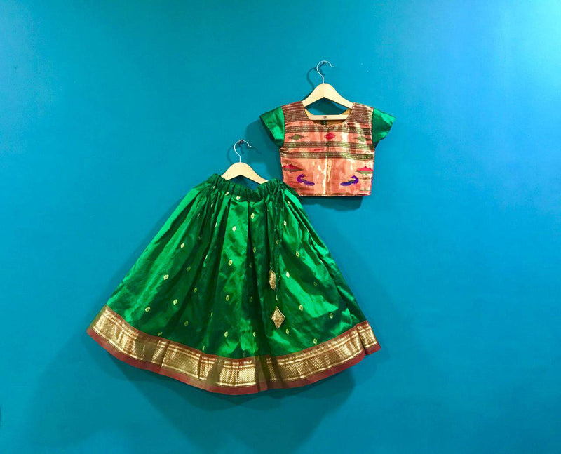 Girls pure silk hand weaven paithani green Skirt with Golden Blouse and cap sleeves - WEAR COURAGE