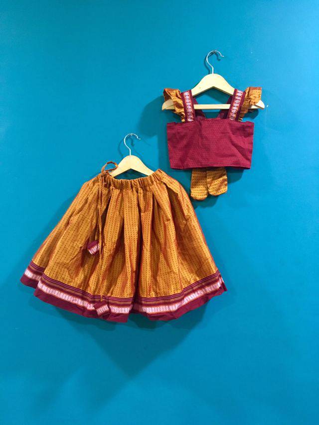 Girls Red and Yellow Khunn parkar polka with frill sleeves and bow at back - WEAR COURAGE
