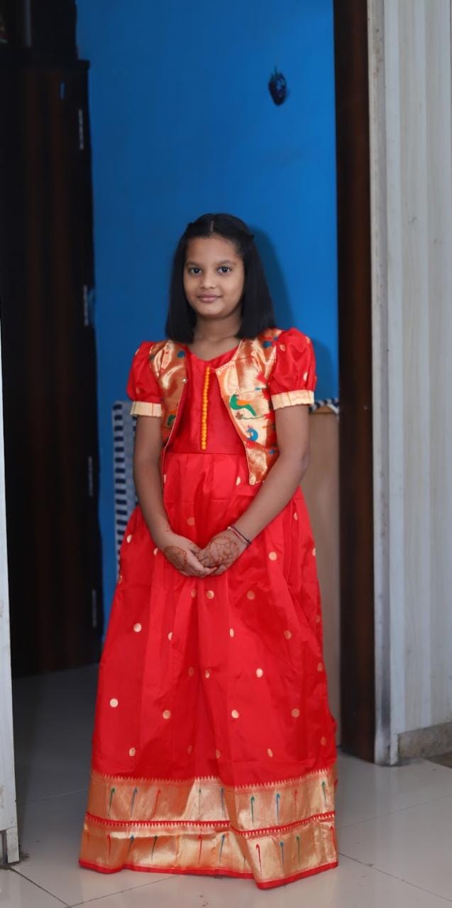 Girls red paithani frock (balloon sleeve) with Golden jacket - WEAR COURAGE