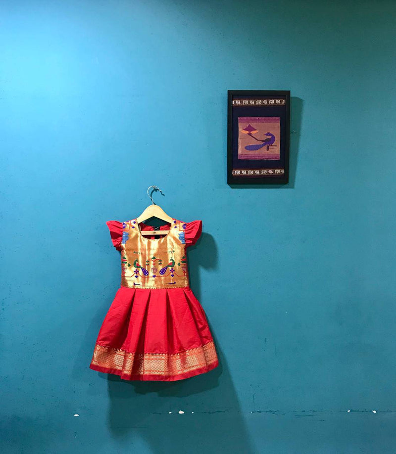 Girl's Red Paithani frock with Golden border - WEAR COURAGE