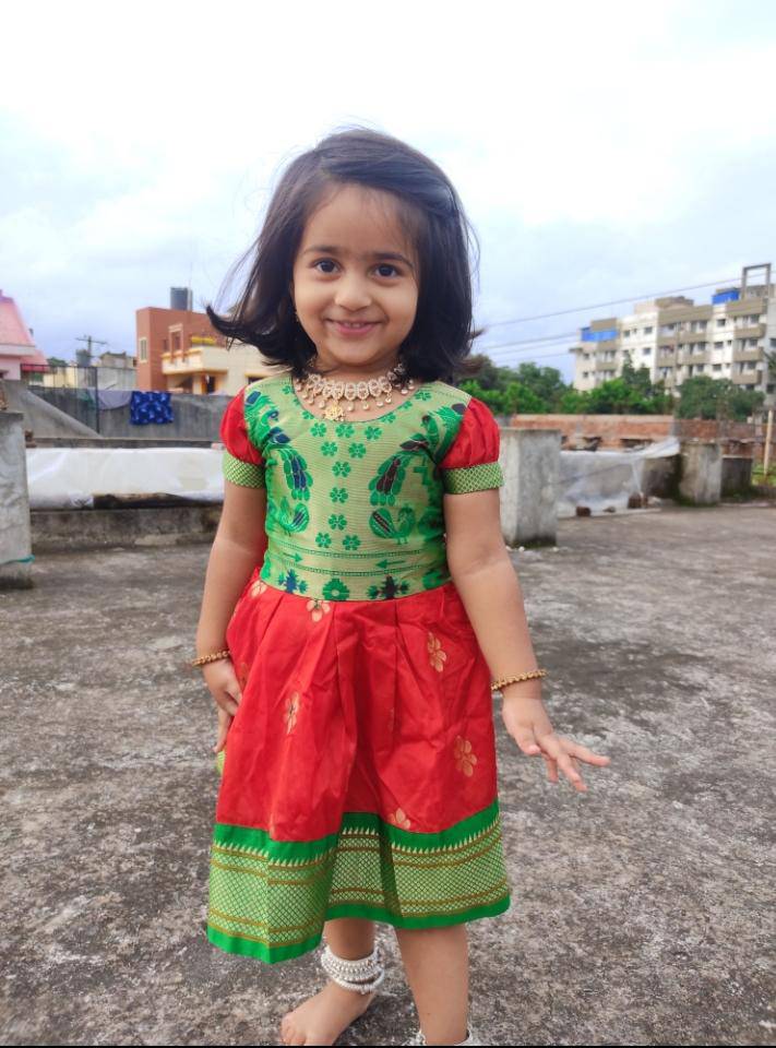 Girl's Red Paithani frock with green and Golden border - WEAR COURAGE