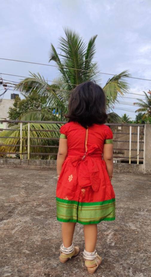 Girl's Red Paithani frock with green and Golden border - WEAR COURAGE