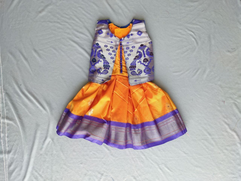 Girls yellow paithani frock with blue Jacket - WEAR COURAGE