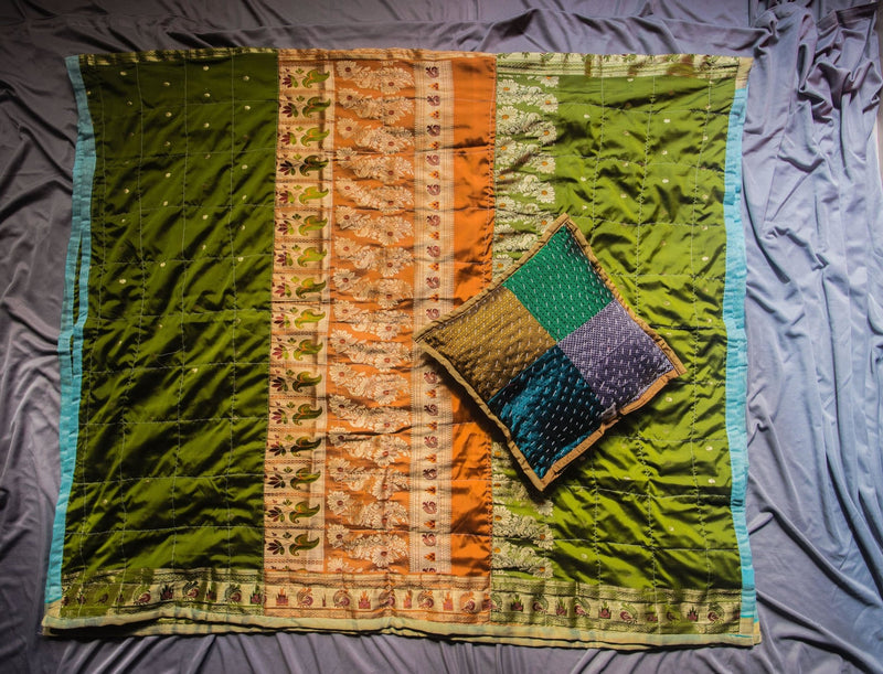 Green Godhadi Quilt with Hand stitch Godhadi art Multicolor cushion cover combo - WEAR COURAGE