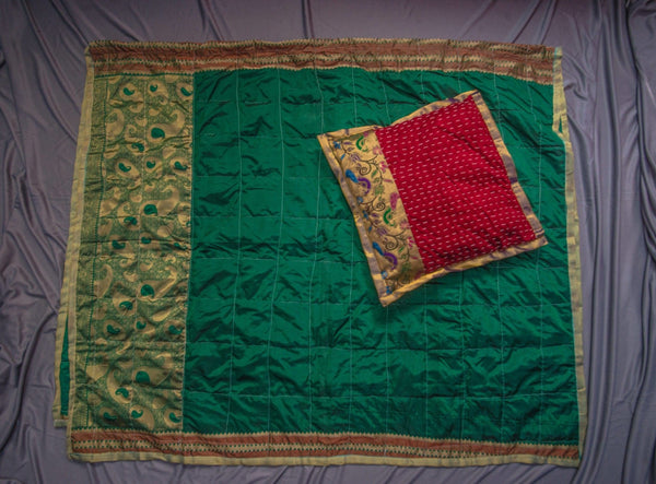Green Godhadi Quilt with Hand stitch Godhadi art Red cushion cover combo - WEAR COURAGE