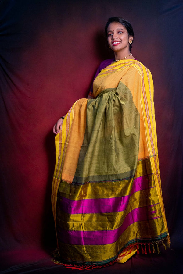 Handloom Mustard Green Premium Cotton Ilkal Saree - WEAR COURAGE