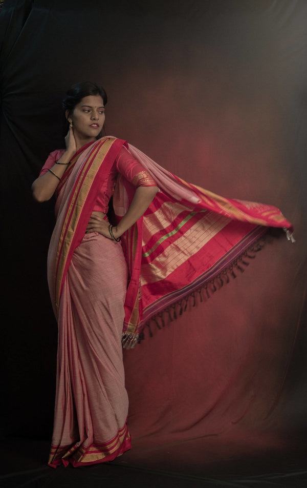 Handloom Pastel Pink Premium Cotton Ilkal Saree - WEAR COURAGE