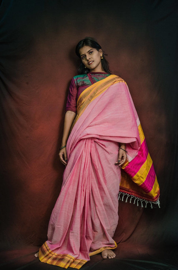 Handloom Pastel Pink Premium Cotton Ilkal Saree with Yellow Border - WEAR COURAGE