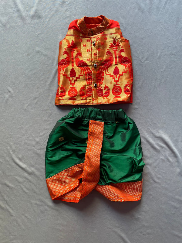 Boy's premium green Paithani with golden orange border dhoti and jacket