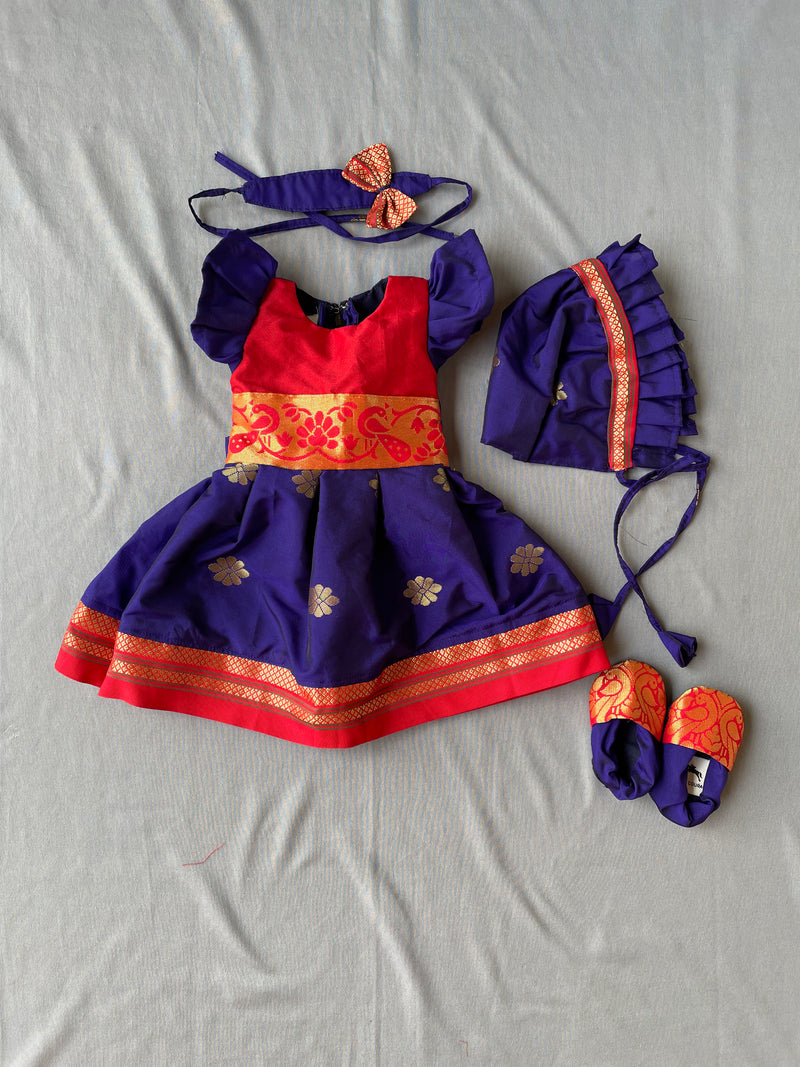 Baby set premium blue with red paithani frock with hairband topra and booties