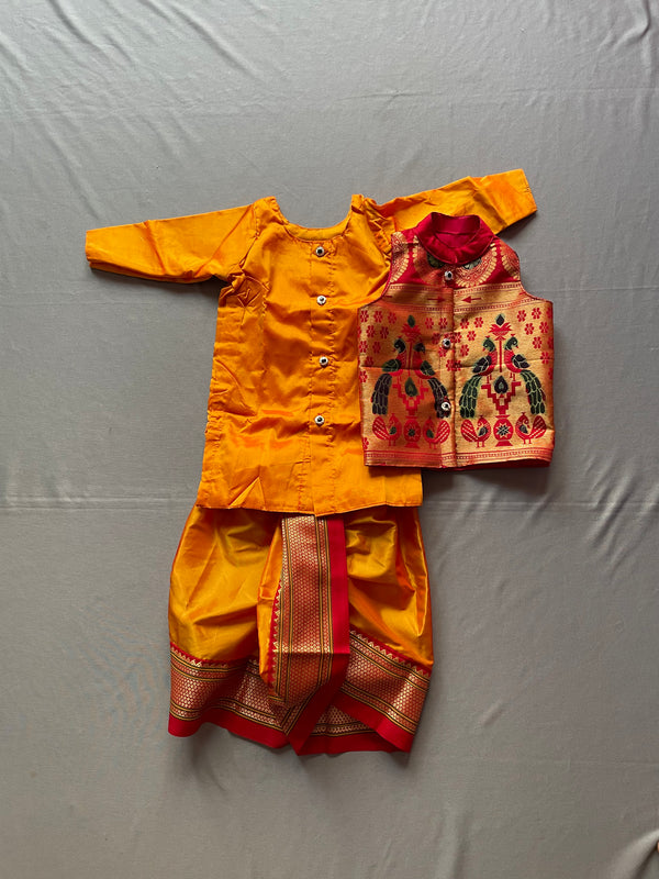 Boy's yellow Paithani with red border dhoti kurta with jacket
