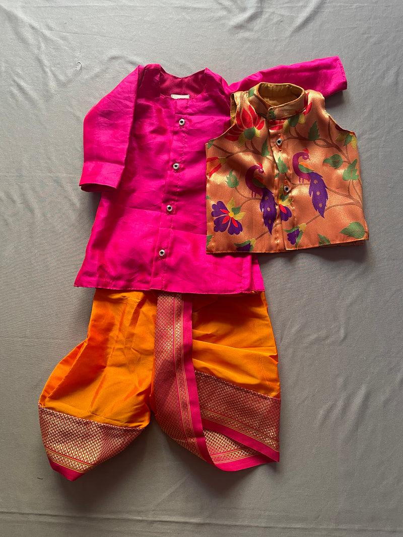 Boy's pink premium Paithani with pink border dhoti kurta with jacket