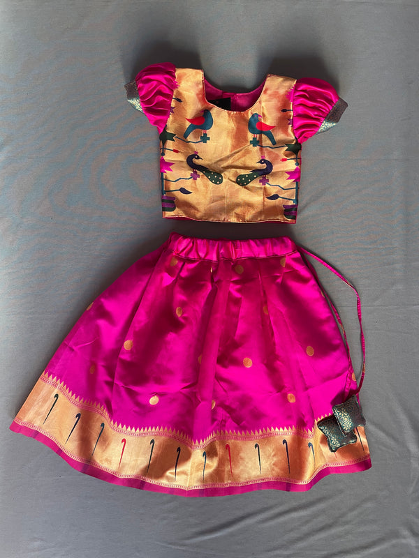 Girls pink paithani parkar polka with puff sleeves