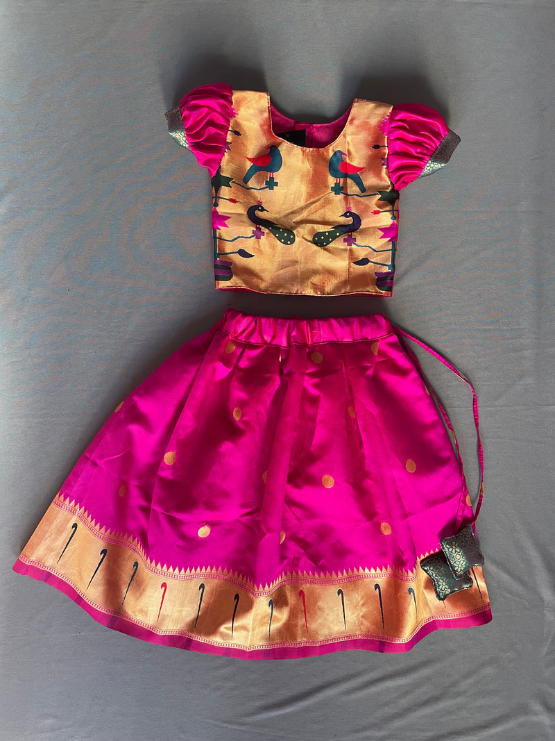 Girls pink paithani parkar polka with puff sleeves