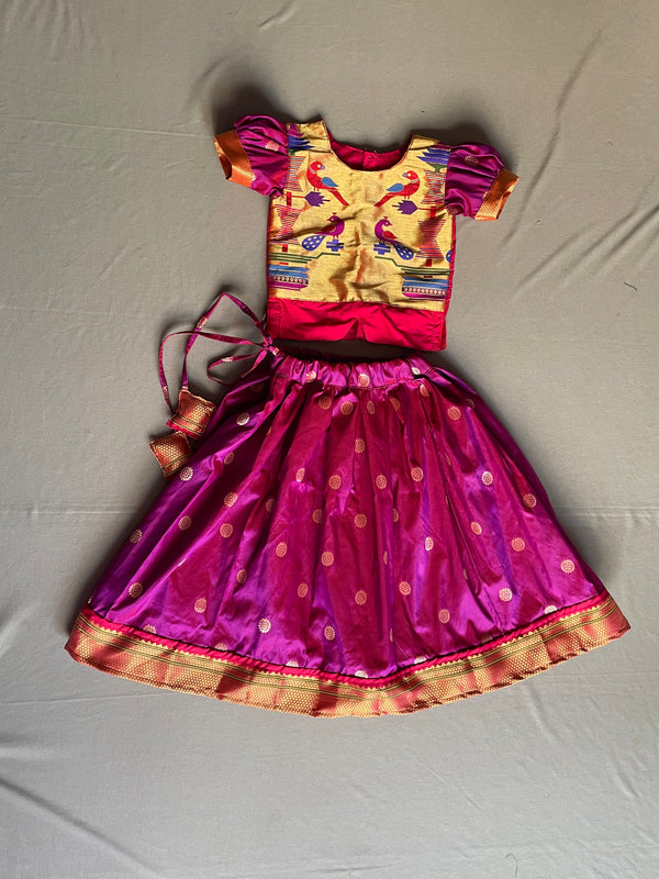 Girls premium purple paithani Skirt with golden pink Blouse