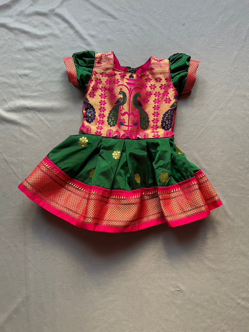 Girl's premium green Paithani frock with pink border