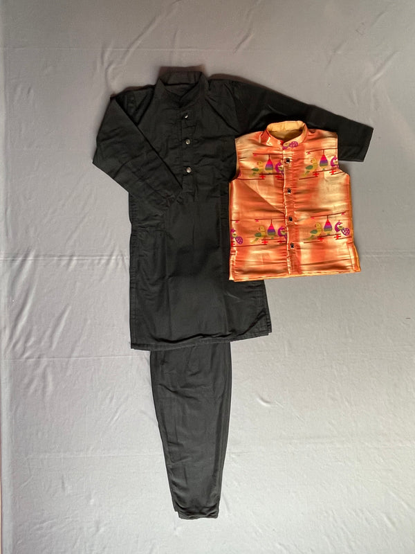 Boy's premium black Paithani kurta with pyjama and jacket