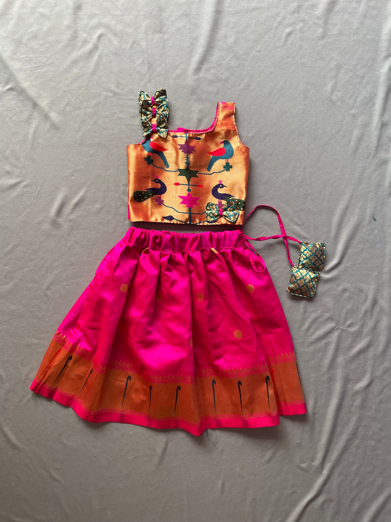 Girls pink paithani parkar polka with shoulder bows