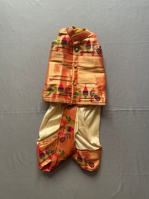 Boy's golden cream premium cotton silk with peacock border dhoti and premium paithani jacket