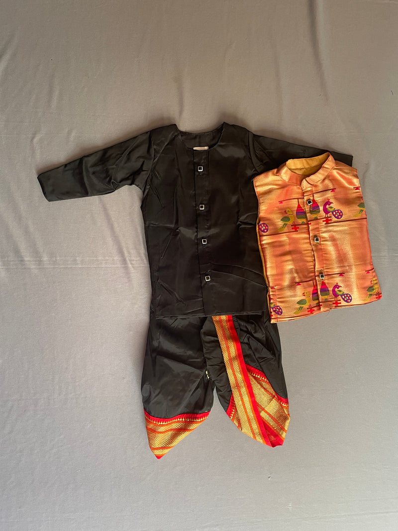 Boy's black premium Paithani with red border dhoti kurta with jacket