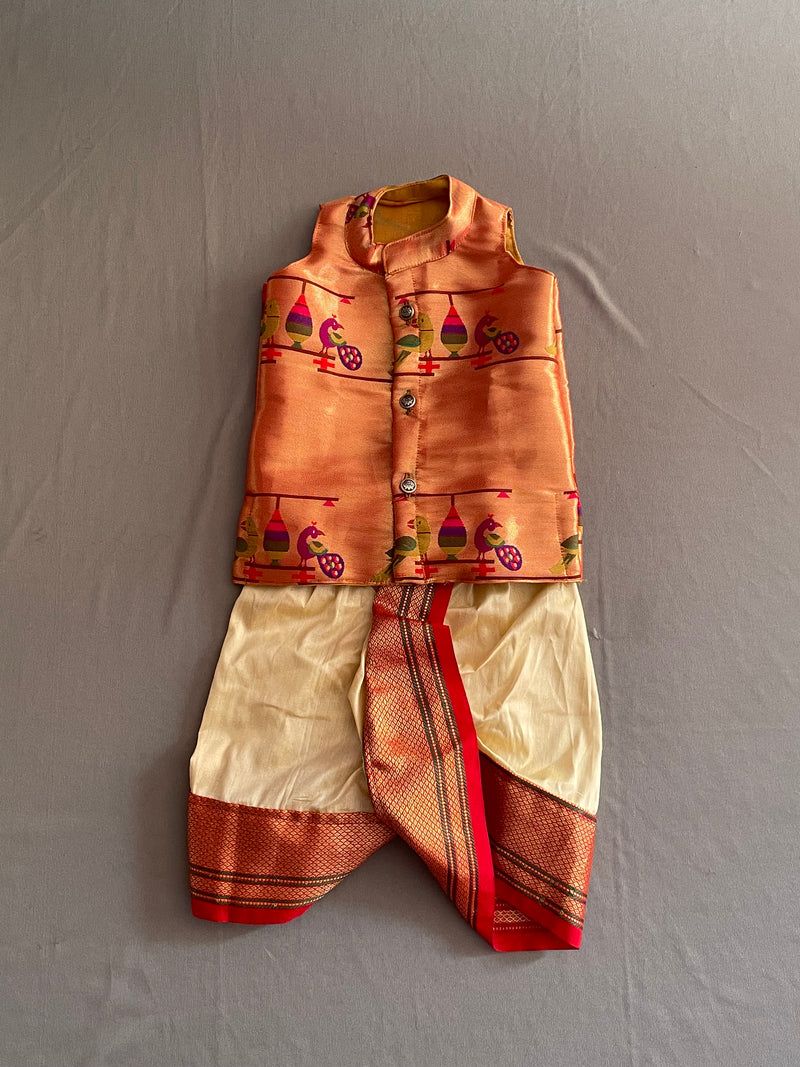 Boy's golden cream premium cotton silk with red border dhoti and premium paithani jacket