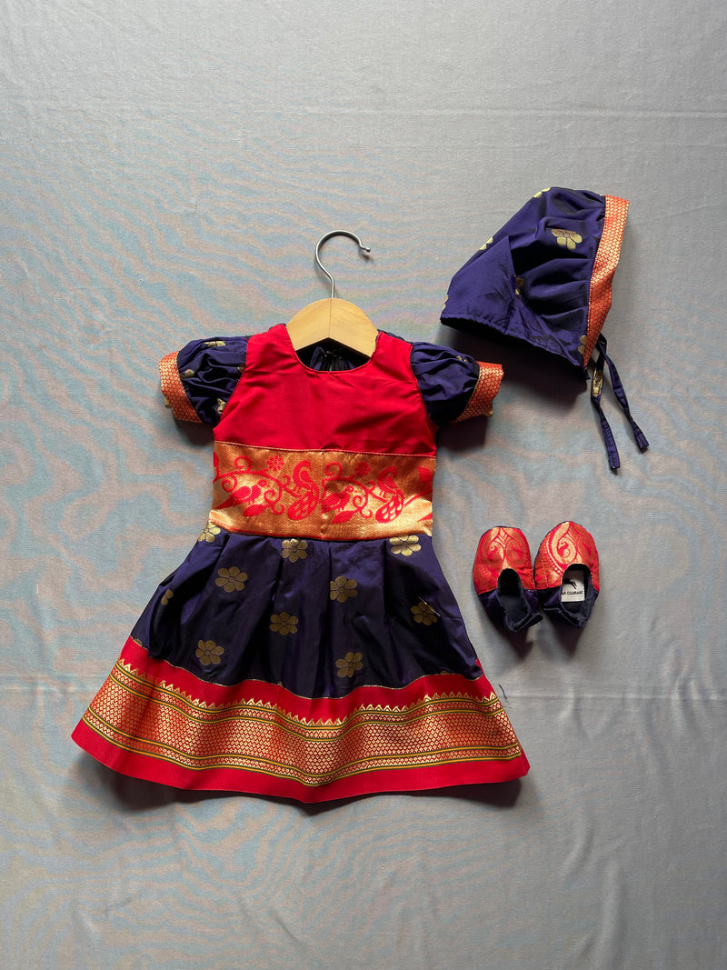 Baby set- premium blue with red paithani puff sleeves frock with topra and booties