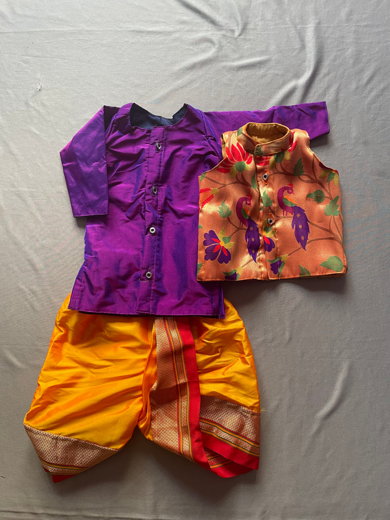 Boy's purple premium Paithani with red border dhoti kurta with jacket ...