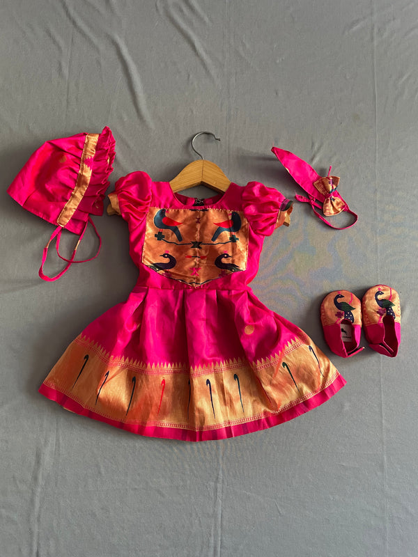 Baby set- pink paithani puff sleeves frock with topra hairband and booties